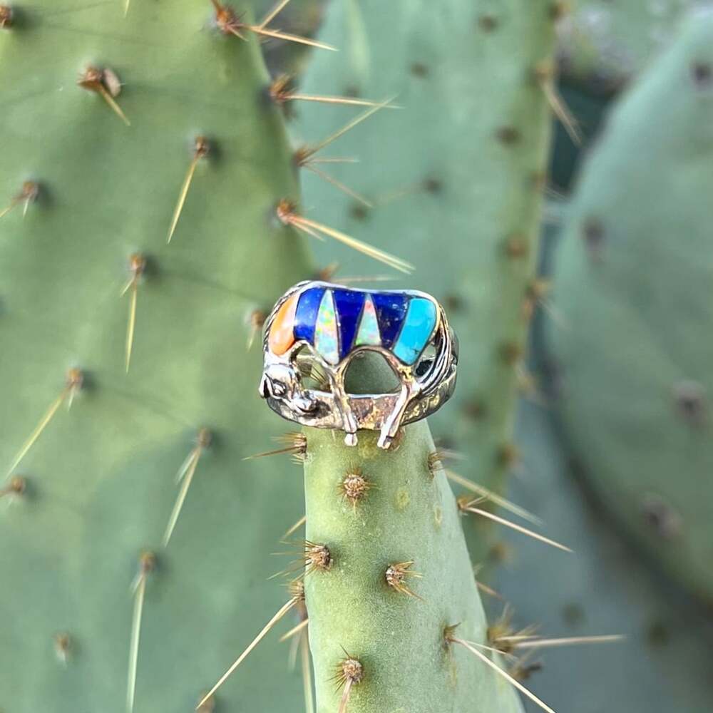 Vintage Southwestern Sterling Silver Multistone Inlay Horse Ring Size 8.5